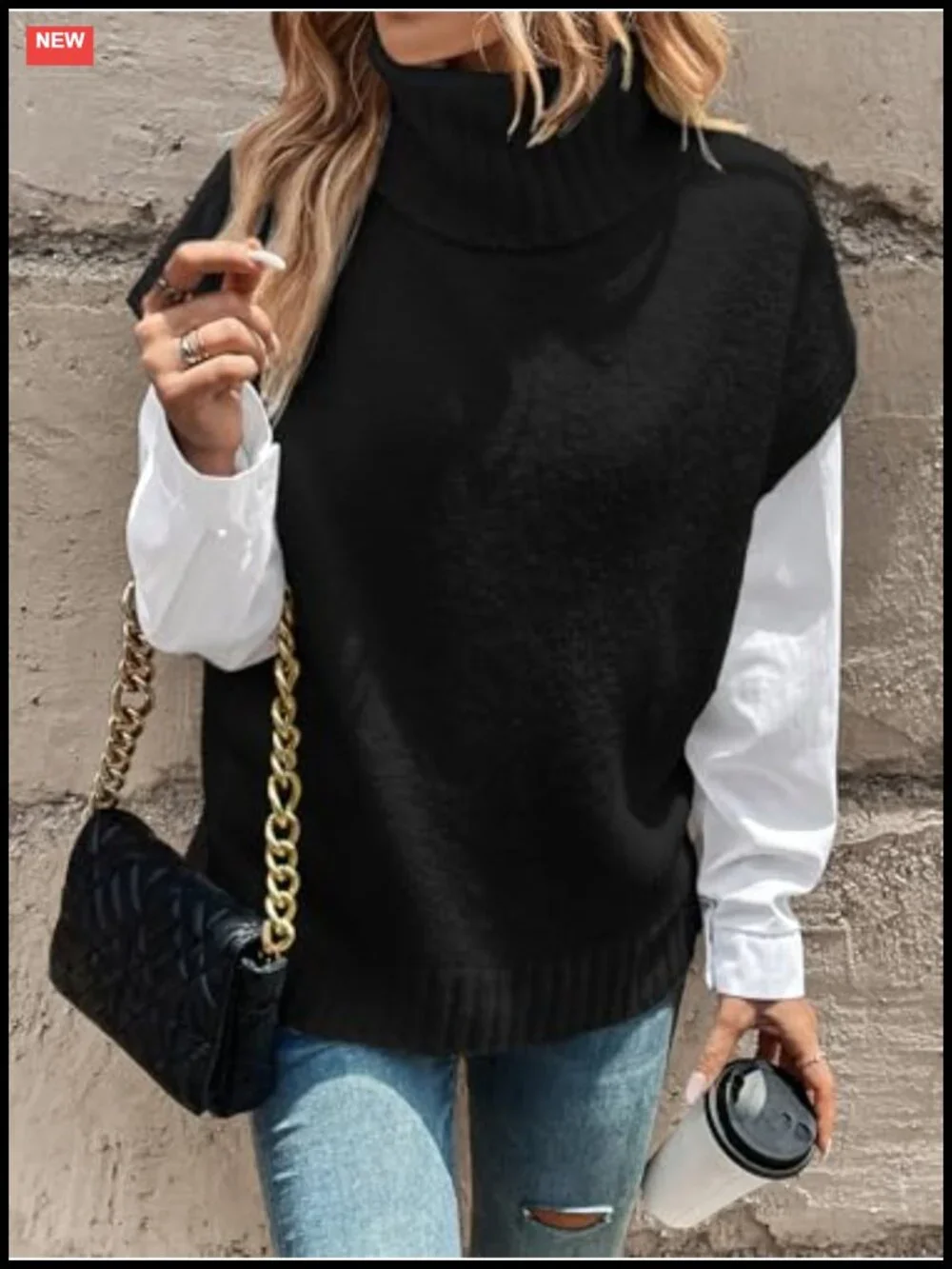 Women's Turtleneck Cap Sleeve Sweater Vest Pullover Oversized Knit Top